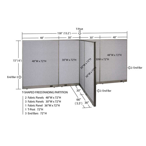 GOF 66"D x 156"W x 48”/60”/72”H, T-Shaped Freestanding Fabric Partition