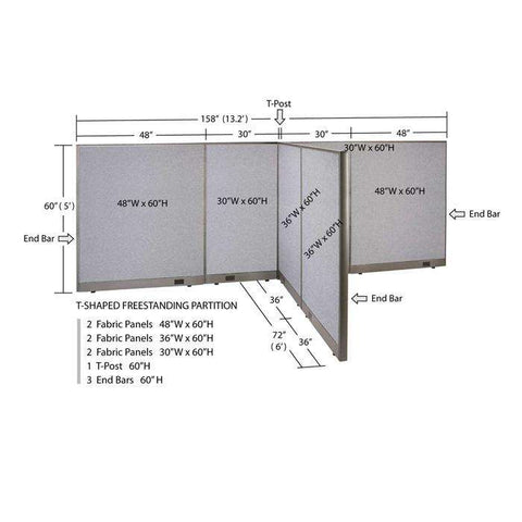 GOF 72"D x 156"W x 48”/60”/72”H, T-Shaped Freestanding Fabric Partition