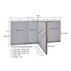 GOF 72"D x 156"W x 48”/60”/72”H, T-Shaped Freestanding Fabric Partition