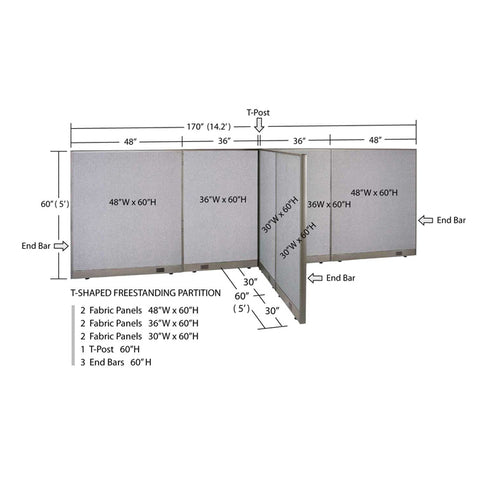 GOF 60"D x 168"W x 48”/60”/72”H, T-Shaped Freestanding Fabric Partition
