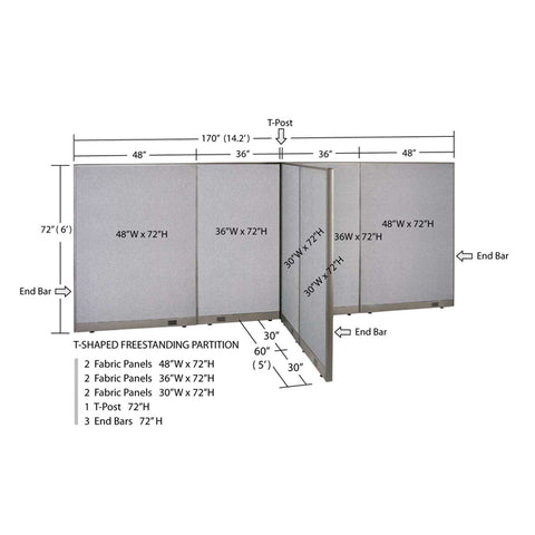 GOF 60"D x 168"W x 48”/60”/72”H, T-Shaped Freestanding Fabric Partition
