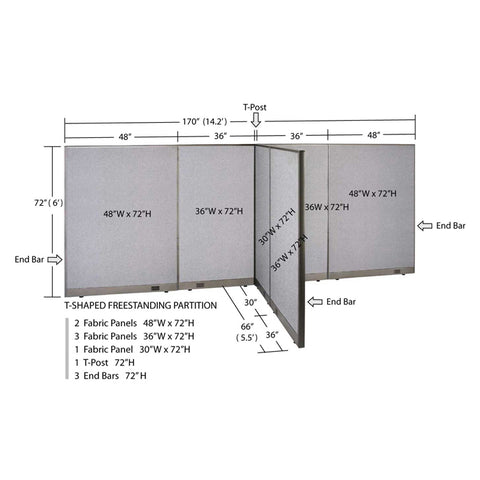GOF 66"D x 168"W x 48”/60”/72”H, T-Shaped Freestanding Fabric Partition