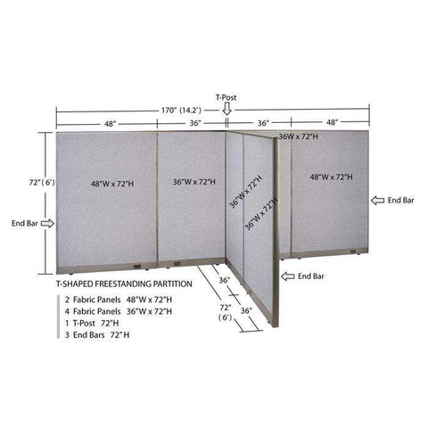 GOF 72"D x 168"W x 48”/60”/72”H, T-Shaped Freestanding Fabric Partition