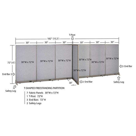 GOF 30"D x 180"W x 48”/60”/72”H, T-Shaped Freestanding Fabric Partition