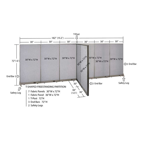 GOF 66"D x 180"W x 48”/60”/72”H, T-Shaped Freestanding Fabric Partition
