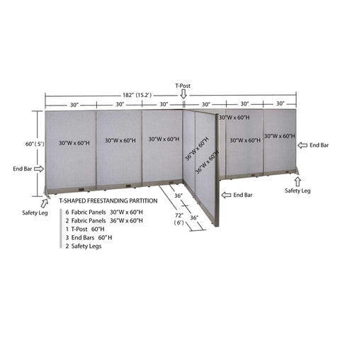GOF 72"D x 180"W x 48”/60”/72”H, T-Shaped Freestanding Fabric Partition