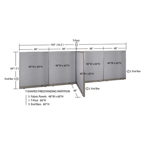 GOF 48"D x 192"W x 48”/60”/72”H, T-Shaped Freestanding Fabric Partition