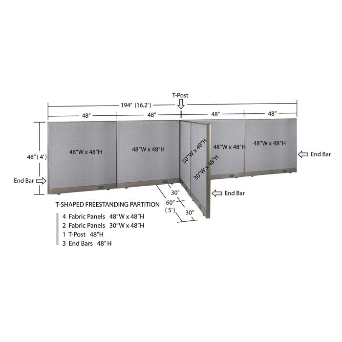 GOF 60"D x 192"W x 48”/60”/72”H, T-Shaped Freestanding Fabric Partition