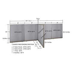 GOF 60"D x 192"W x 48”/60”/72”H, T-Shaped Freestanding Fabric Partition