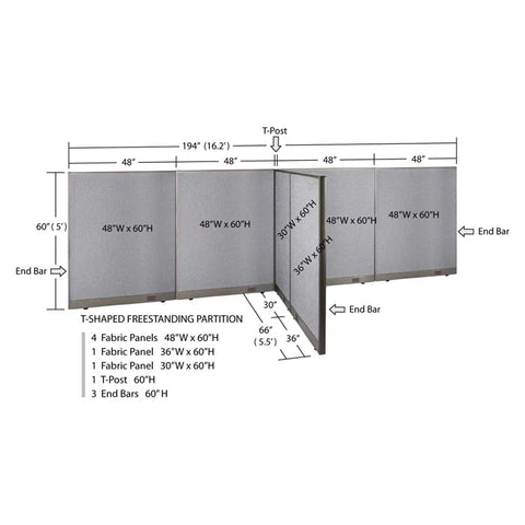 GOF 66"D x 192"W x 48”/60”/72”H, T-Shaped Freestanding Fabric Partition