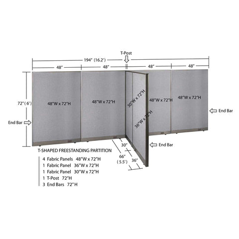 GOF 66"D x 192"W x 48”/60”/72”H, T-Shaped Freestanding Fabric Partition