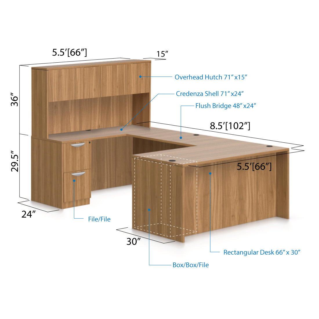 U66B - 5.5' x 8.5' U-Shape Workstation(Rectangular Desk with B/B/F and F/F Pedestal) Hutch Added - Kainosbuy.com