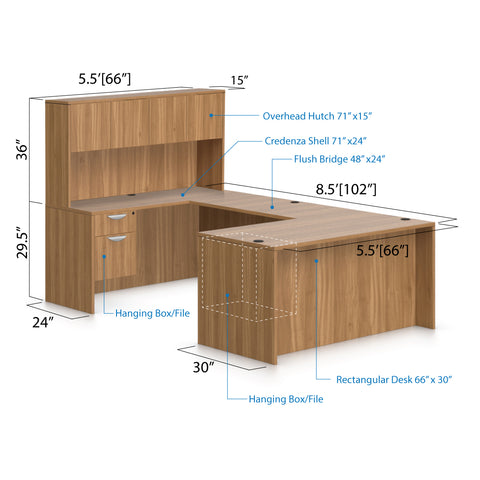 U66B - 5.5' x 8.5' U-Shape Workstation(Rectangular Desk with Hanging B/F Pedestal) Hutch Added - Kainosbuy.com