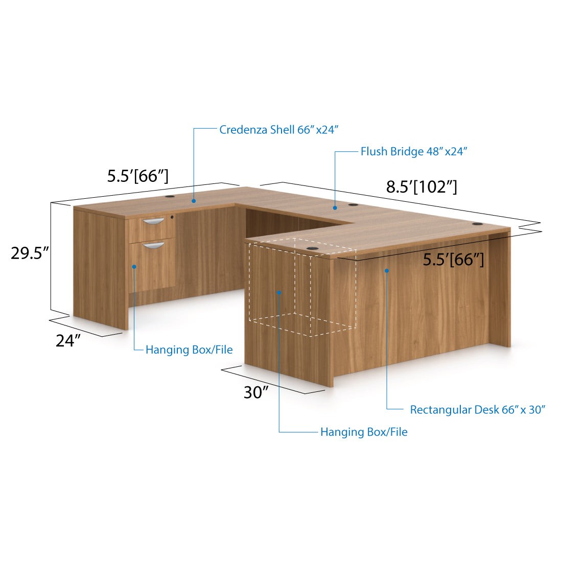 U66B - 5.5' x 8.5' U-Shape Workstation(Rectangular Desk with Hanging B/F Pedestal) - Kainosbuy.com