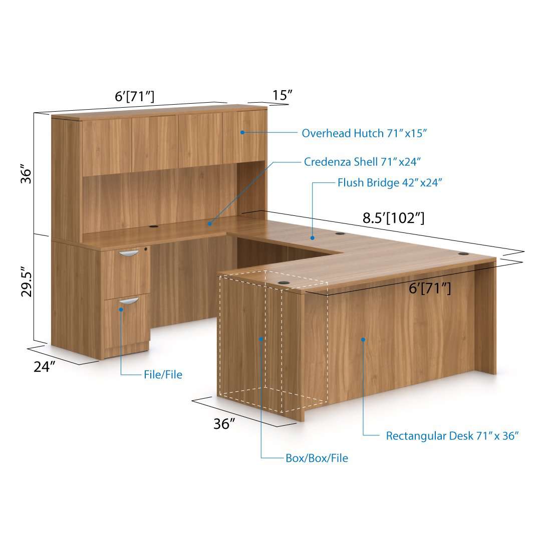 U71B - 6' x 8.5' U-Shape Workstation(Rectangular Desk with B/B/F and F/F Pedestal) Hutch Added - Kainosbuy.com