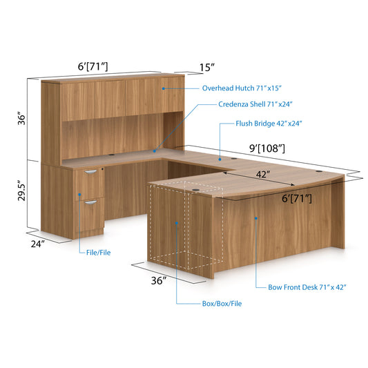 U71C - 6' x 9' U-Shape Workstation(Bow Front Desk with B/B/F and F/F Pedestal) Hutch Added - Kainosbuy.com