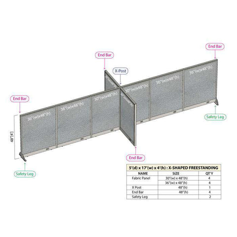 GOF 60"D x 204"W x 48”/60”/72”H, X-Shaped Freestanding Fabric Partition Package