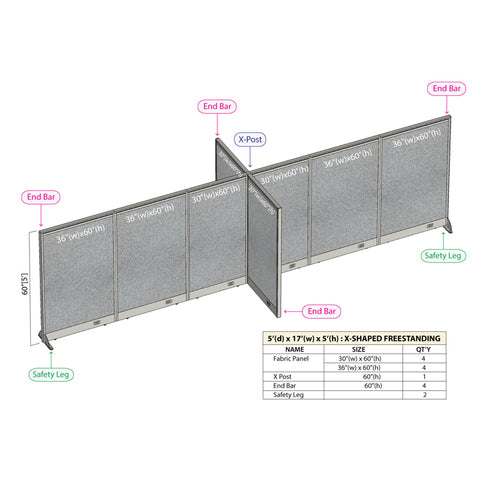 GOF 60"D x 204"W x 48”/60”/72”H, X-Shaped Freestanding Fabric Partition Package