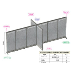 GOF 72"D x 204"W x 48”/60”/72”H, X-Shaped Freestanding Fabric Partition Package