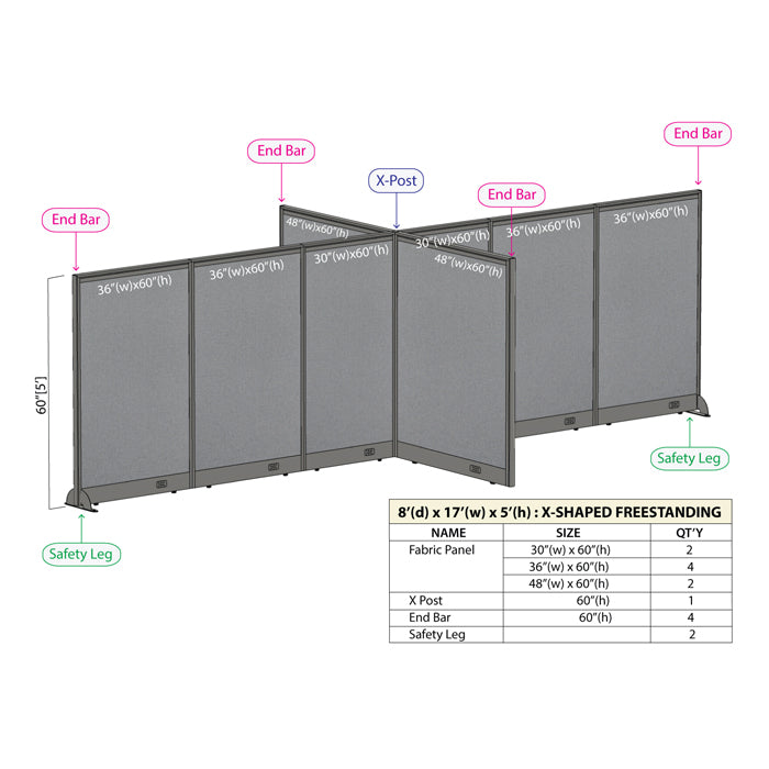 GOF 96"D x 204"W x 48”/60”/72”H, X-Shaped Freestanding Fabric Partition Package