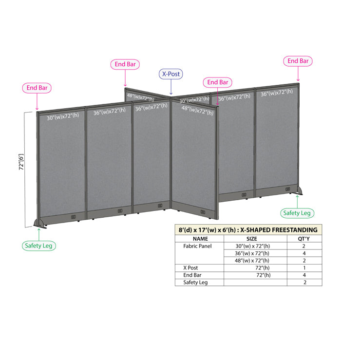 GOF 96"D x 204"W x 48”/60”/72”H, X-Shaped Freestanding Fabric Partition Package