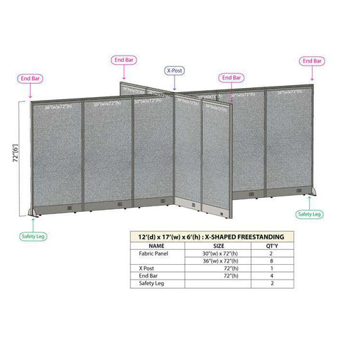 GOF 144"D x 204"W x 48”/60”/72”H, X-Shaped Freestanding Fabric Partition Package