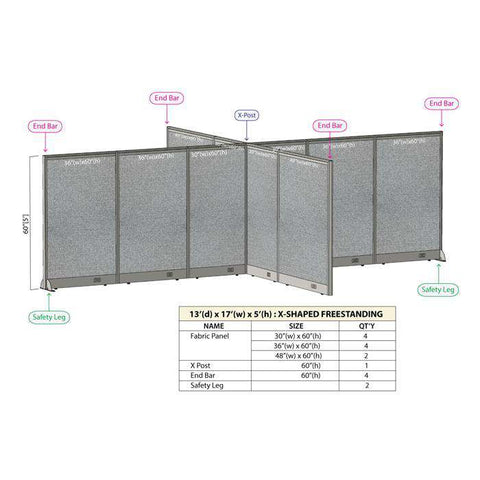 GOF 156"D x 204"W x 48”/60”/72”H, X-Shaped Freestanding Fabric Partition Package