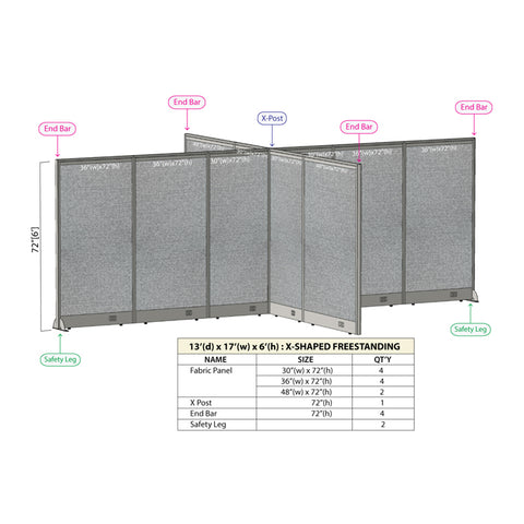 GOF 156"D x 204"W x 48”/60”/72”H, X-Shaped Freestanding Fabric Partition Package