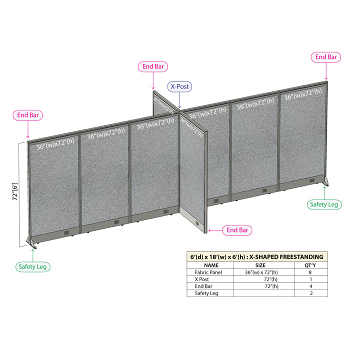 GOF 72"D x 216"W x 48”/60”/72”H, X-Shaped Freestanding Fabric Partition Package