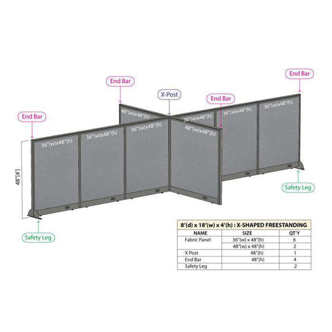 GOF 96"D x 216"W x 48”/60”/72”H, X-Shaped Freestanding Fabric Partition Package