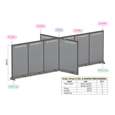 GOF 96"D x 216"W x 48”/60”/72”H, X-Shaped Freestanding Fabric Partition Package