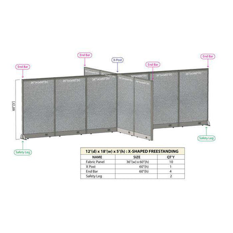 GOF 144"D x 216"W x 48”/60”/72”H, X-Shaped Freestanding Fabric Partition Package