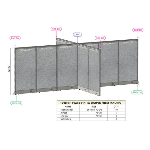 GOF 144"D x 216"W x 48”/60”/72”H, X-Shaped Freestanding Fabric Partition Package