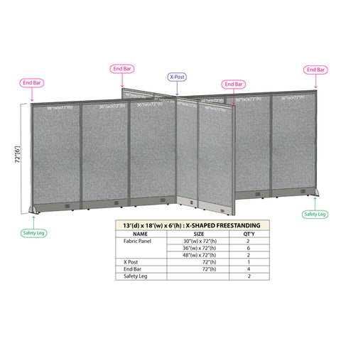 GOF 156"D x 216"W x 48”/60”/72”H, X-Shaped Freestanding Fabric Partition Package