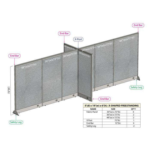 GOF 60"D x 228"W x 48”/60”/72”H, X-Shaped Freestanding Fabric Partition Package