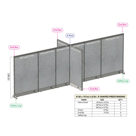 GOF 72"D x 228"W x 48”/60”/72”H, X-Shaped Freestanding Fabric Partition Package