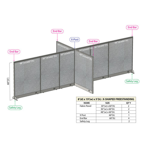 GOF 96"D x 228"W x 48”/60”/72”H, X-Shaped Freestanding Fabric Partition Package