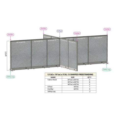 GOF 144"D x 228"W x 48”/60”/72”H, X-Shaped Freestanding Fabric Partition Package