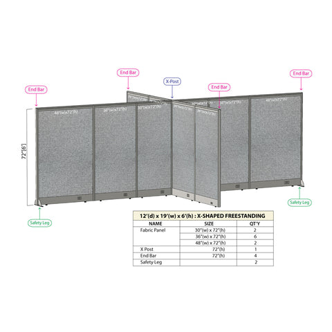 GOF 144"D x 228"W x 48”/60”/72”H, X-Shaped Freestanding Fabric Partition Package