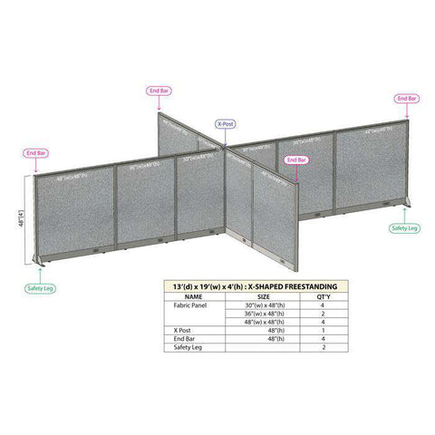 GOF 156"D x 228"W x 48”/60”/72”H, X-Shaped Freestanding Fabric Partition Package
