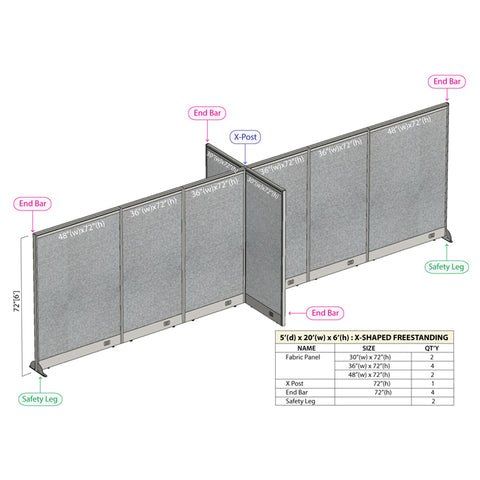 GOF 60"D x 240"W x 48”/60”/72”H, X-Shaped Freestanding Fabric Partition Package
