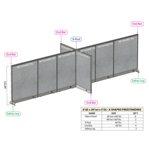 GOF 72"D x 240"W x 48”/60”/72”H, X-Shaped Freestanding Fabric Partition Package