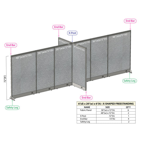 GOF 72"D x 240"W x 48”/60”/72”H, X-Shaped Freestanding Fabric Partition Package