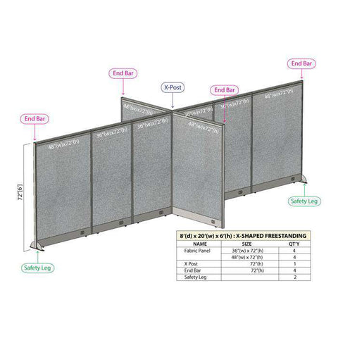 GOF 96"D x 240"W x 48”/60”/72”H, X-Shaped Freestanding Fabric Partition Package
