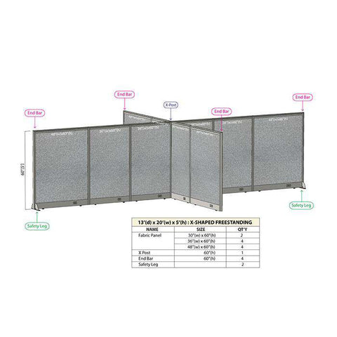 GOF 156"D x 240"W x 48”/60”/72”H, X-Shaped Freestanding Fabric Partition Package