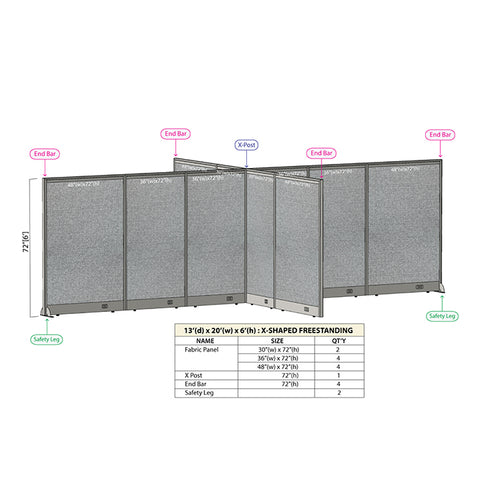 GOF 156"D x 240"W x 48”/60”/72”H, X-Shaped Freestanding Fabric Partition Package
