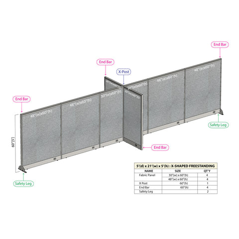 GOF 60"D x 252"W x 48”/60”/72”H, X-Shaped Freestanding Fabric Partition Package