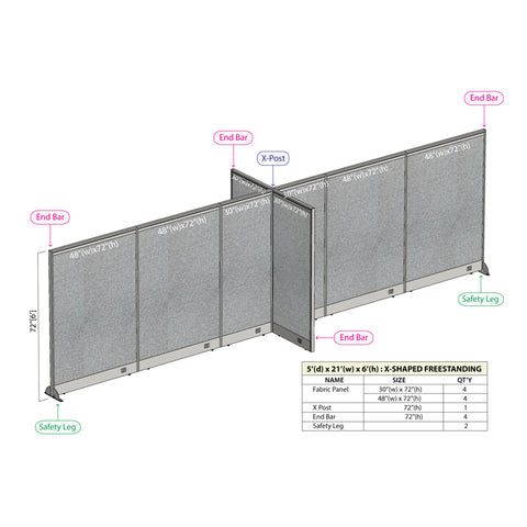 GOF 60"D x 252"W x 48”/60”/72”H, X-Shaped Freestanding Fabric Partition Package