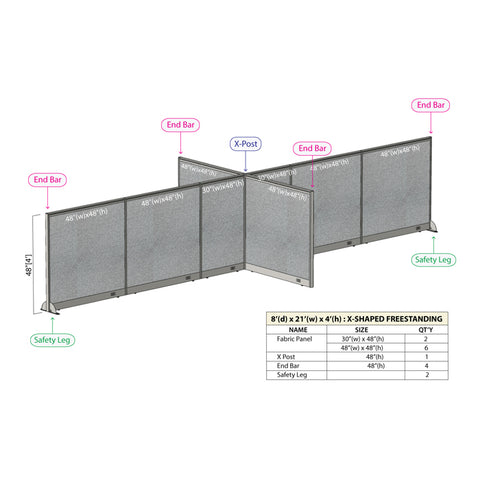 GOF 96"D x 252"W x 48”/60”/72”H, X-Shaped Freestanding Fabric Partition Package