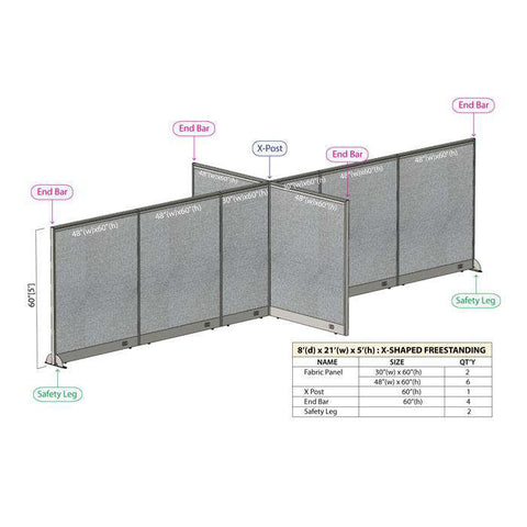 GOF 96"D x 252"W x 48”/60”/72”H, X-Shaped Freestanding Fabric Partition Package